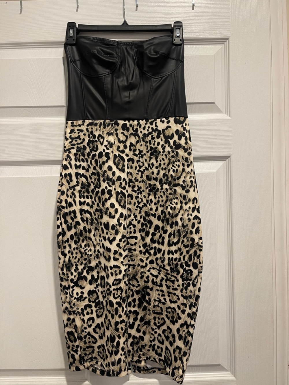 Strapless Leopard Print Midi Dress with Black Faux-Leather Bustier